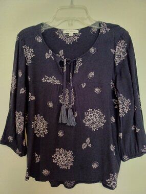Skies Are Blue Blouse with Tassel‎ Tie Neck 3/4 Sleeve Top Size XSP